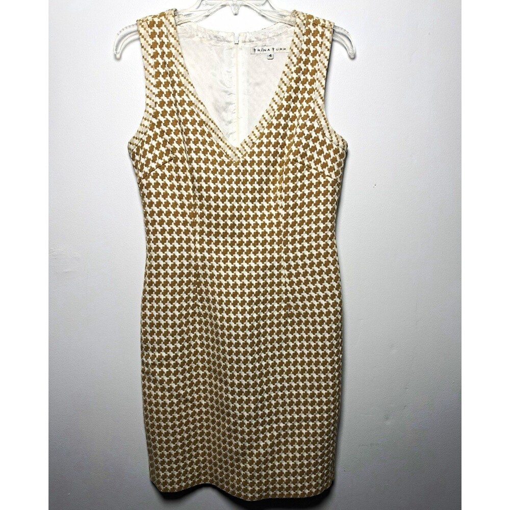 Trina Turk Women’s 4 Brown & White Houndstooth Sheath Dress V-Neck Sleeveless